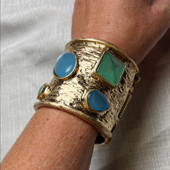 Chunky Gold Cuff with Blue and Green Accents - Picture 4 of 6